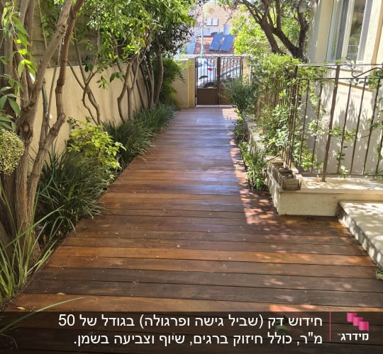 שביל עץ בגינה עם צמחייה מסביב